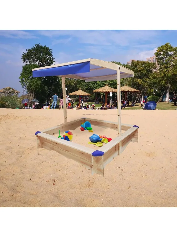 Kids Wooden Sandbox with Adjustable Canopy, Covered Sandpit Children Wooden Toy Set Outdoor Backyard