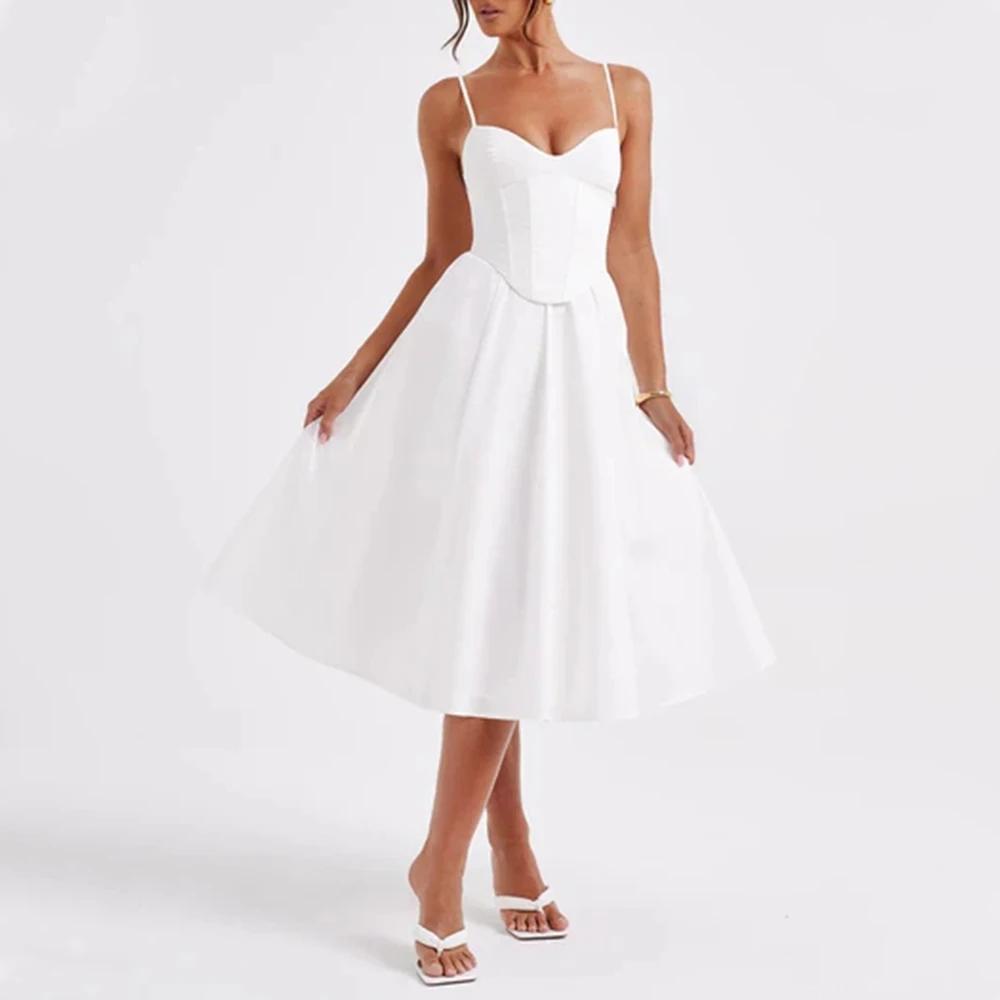 Abiti Primavera Estate Semplice Maturo Vibe Tinta unita Senza maniche Scollo a V Midi Abiti da festa per le donne