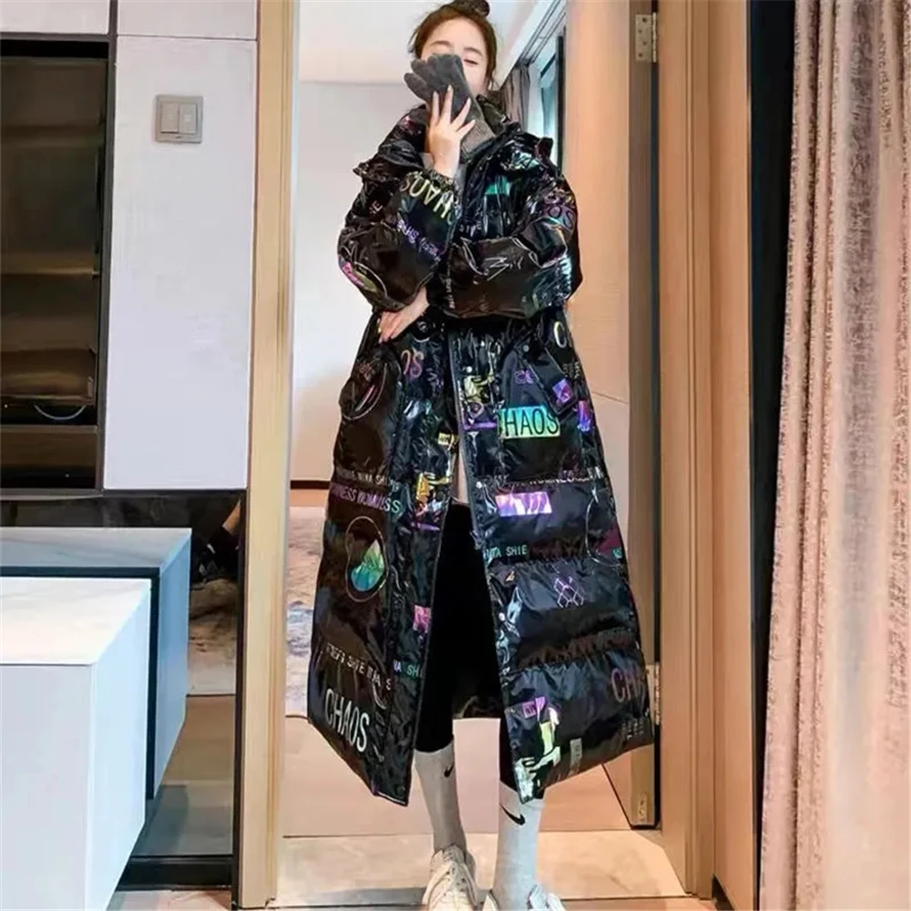 Women's Laser Shiny Colorful Wash Free Printing Loose Down Cotton Coat, Over Knee Long Cotton Coat, New, 2022