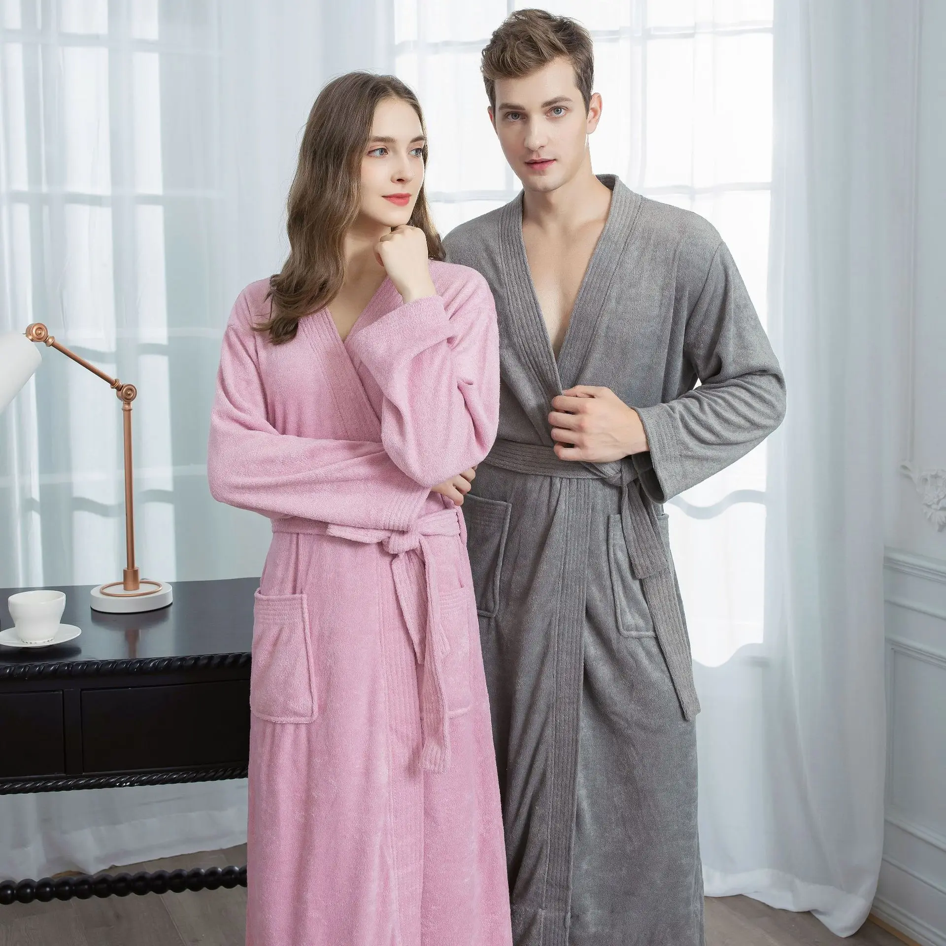 

Women's Terry Bathrobe Solid Autumn V Neck Long Sleeve Ladies Kimono with Sashes Dressing Gown Pockets Bath Robe for Couple