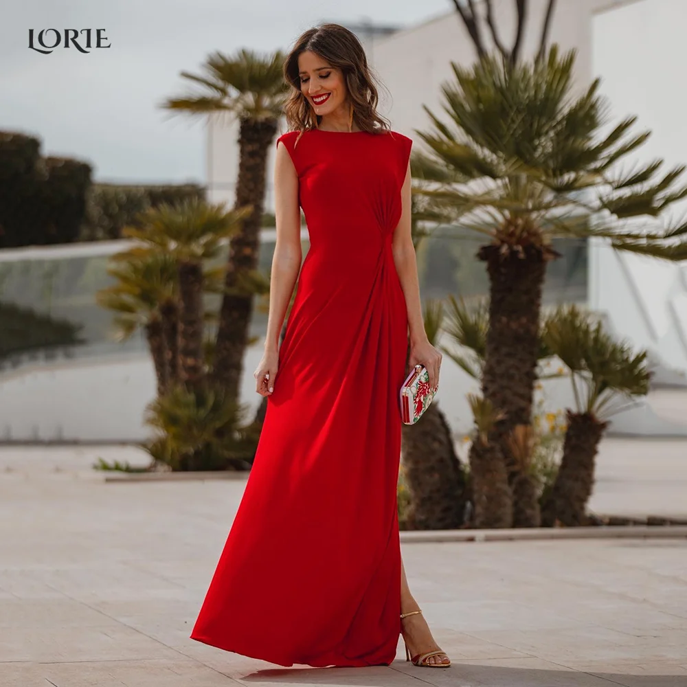 

LORIE Red Elgant Evening Dresses O-Neck Dubai Straight Pleated Celebrity Party Gowns Arabia Sleeveless Side Slit 2022 Prom Dress