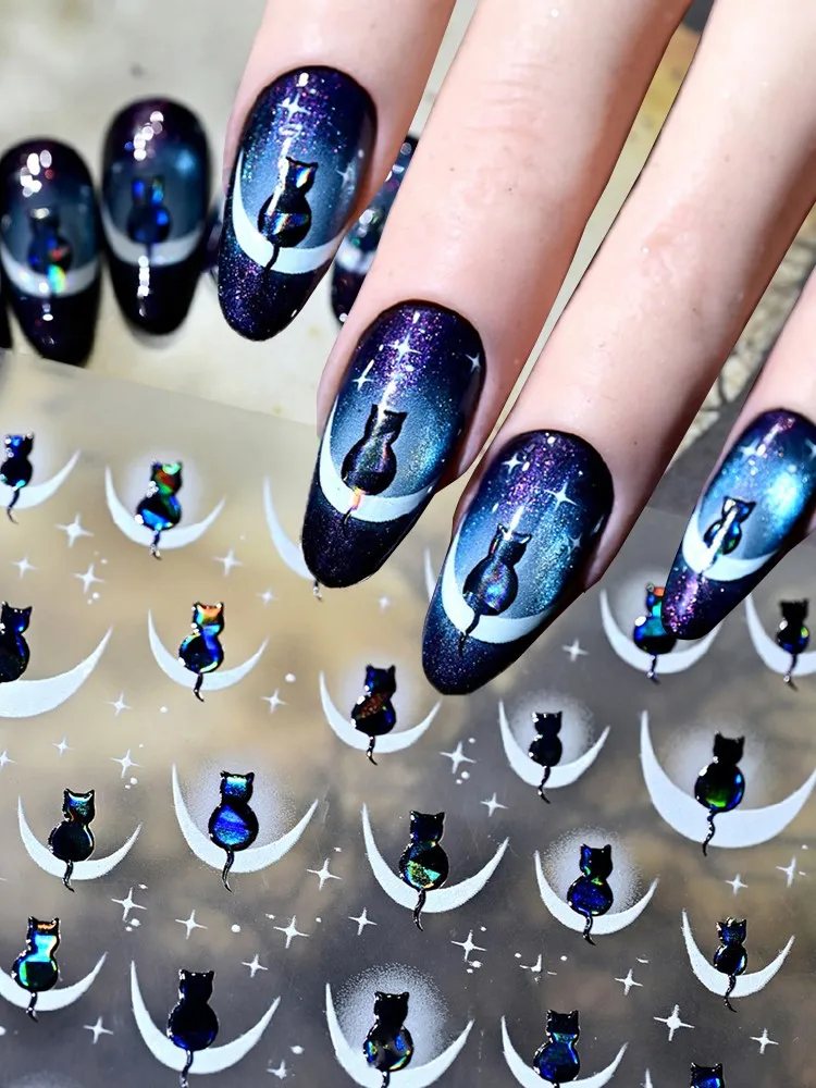 Autocollants pour ongles chat assis sur la lune, Design bateau 5D, mignon Laser chat noir Starburst, décalcomanies pour ongles, dessin animé français, 1 pièce