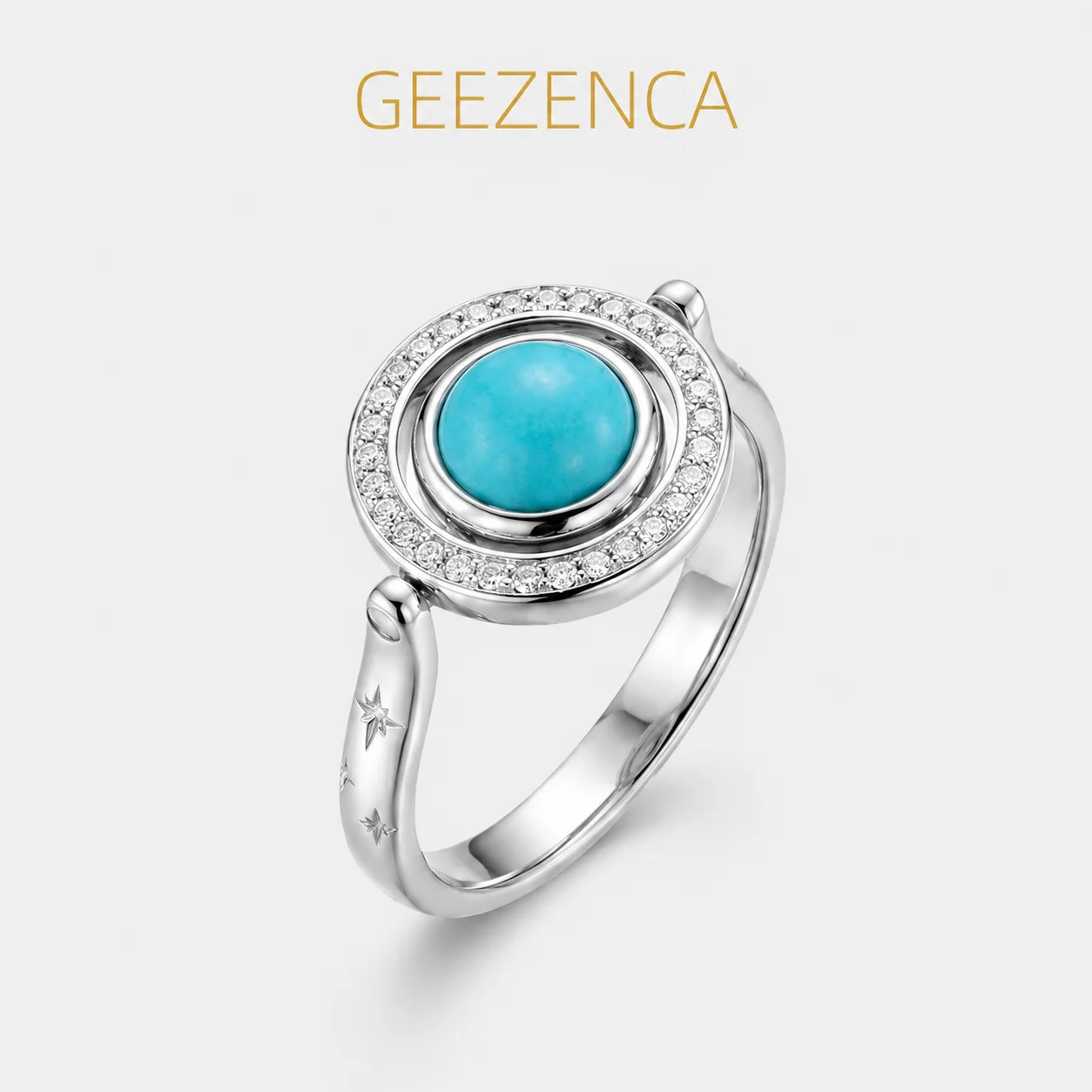 GEEZENCA 925 Sterling Silver Star Band With Rotatable Round Disc Turquoise Amethyst Rings Women Dainty Stacker Ring Party Gift