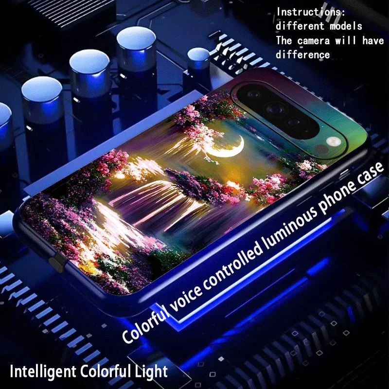 

Moon Waterfall Voice Control LED Phone Case For Google Pixel 10 7 8 9 Pro XL 9A 8A 7A Fold Shockproof Art Light Up Cover Glow