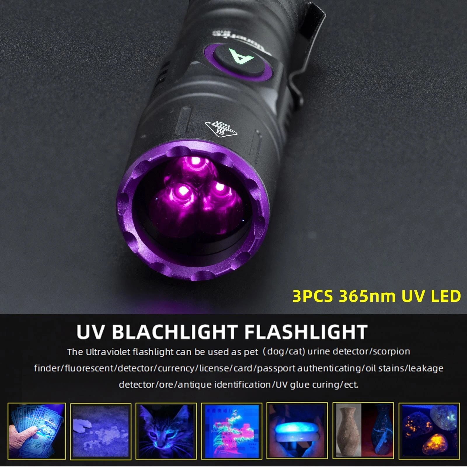 15W UV 365nm High power Blacklight USB Flashlight Invisible Ink Marker Cat Dog Urine Tinea Ore Money Scorpion Fluorescence Light