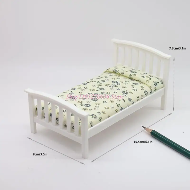 R6FD Cottagecore سرير واحد مع فراش طباعة زهرة ل 1/12 دمية ديكورز مشهد منزل