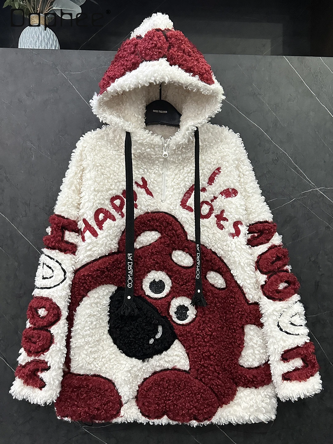 2025 Autumn Winter Heavy Craft Cartoon Bear Lamb Wool Coat for Women Loose Sweet Style Hooded Sweatshirt Top Oversized Hoodie