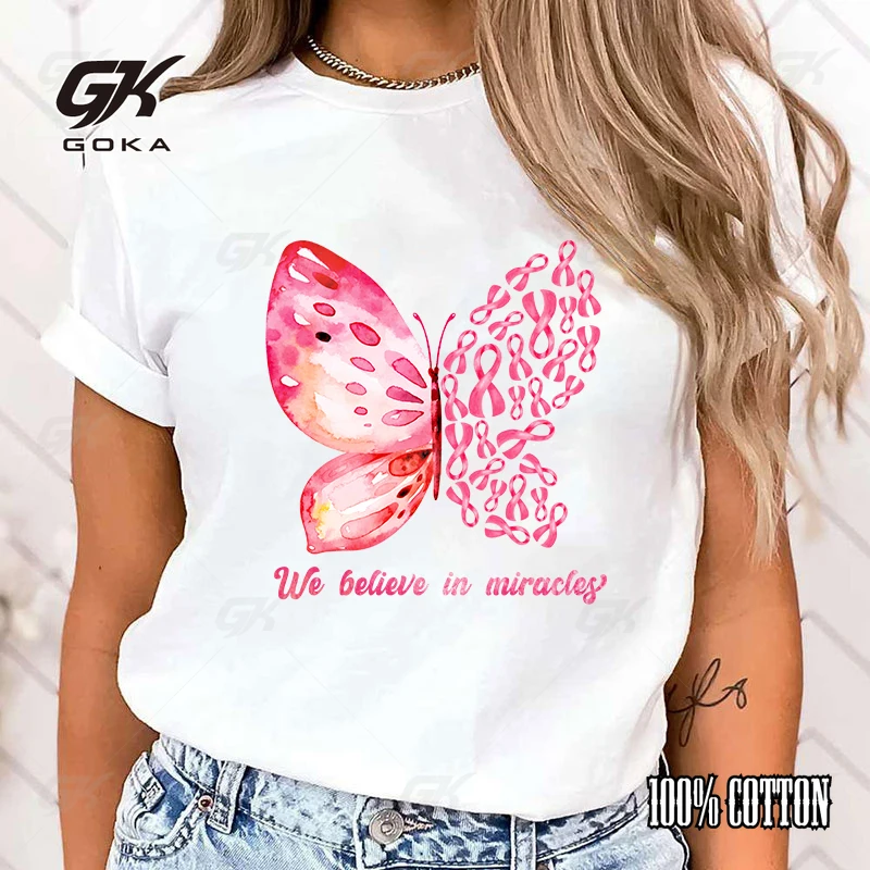 Breast Cancer Awareness We Believe In Miracles Butterfly Letter Print Short Sleeve T Shirts Women'S tops High Quality Clothes