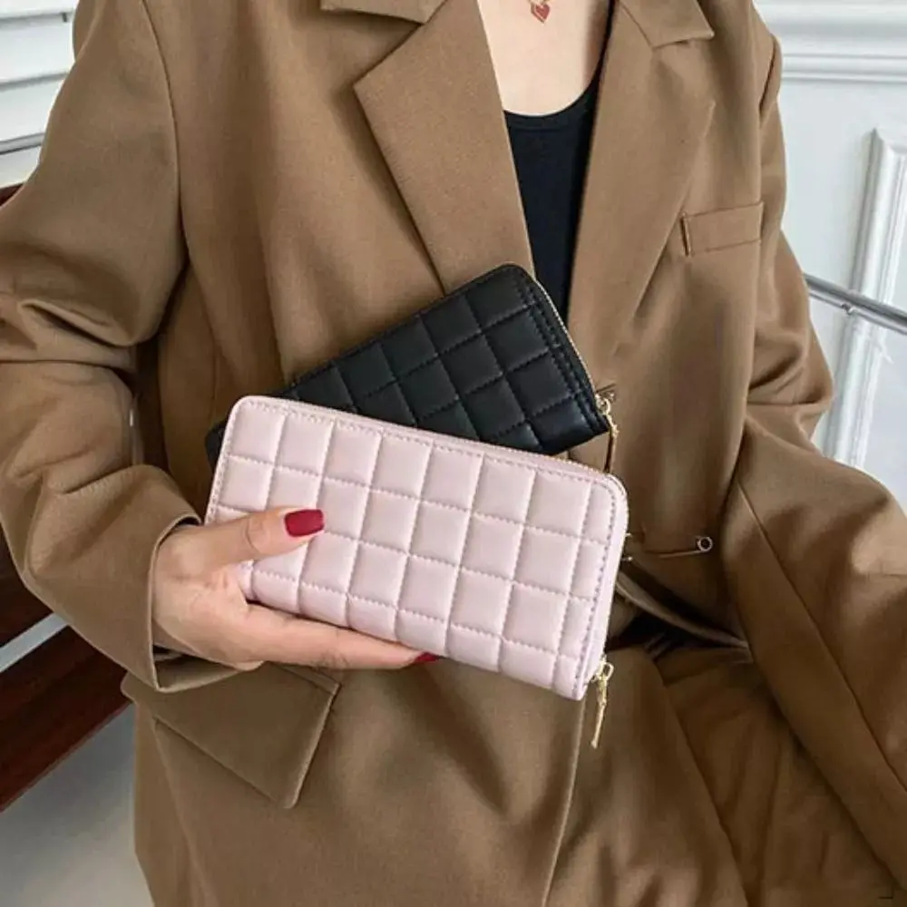 Fashion Quilted Women Long Wallet Solid Color PU Leather Card Holder Clutch Zipper Money Pocket