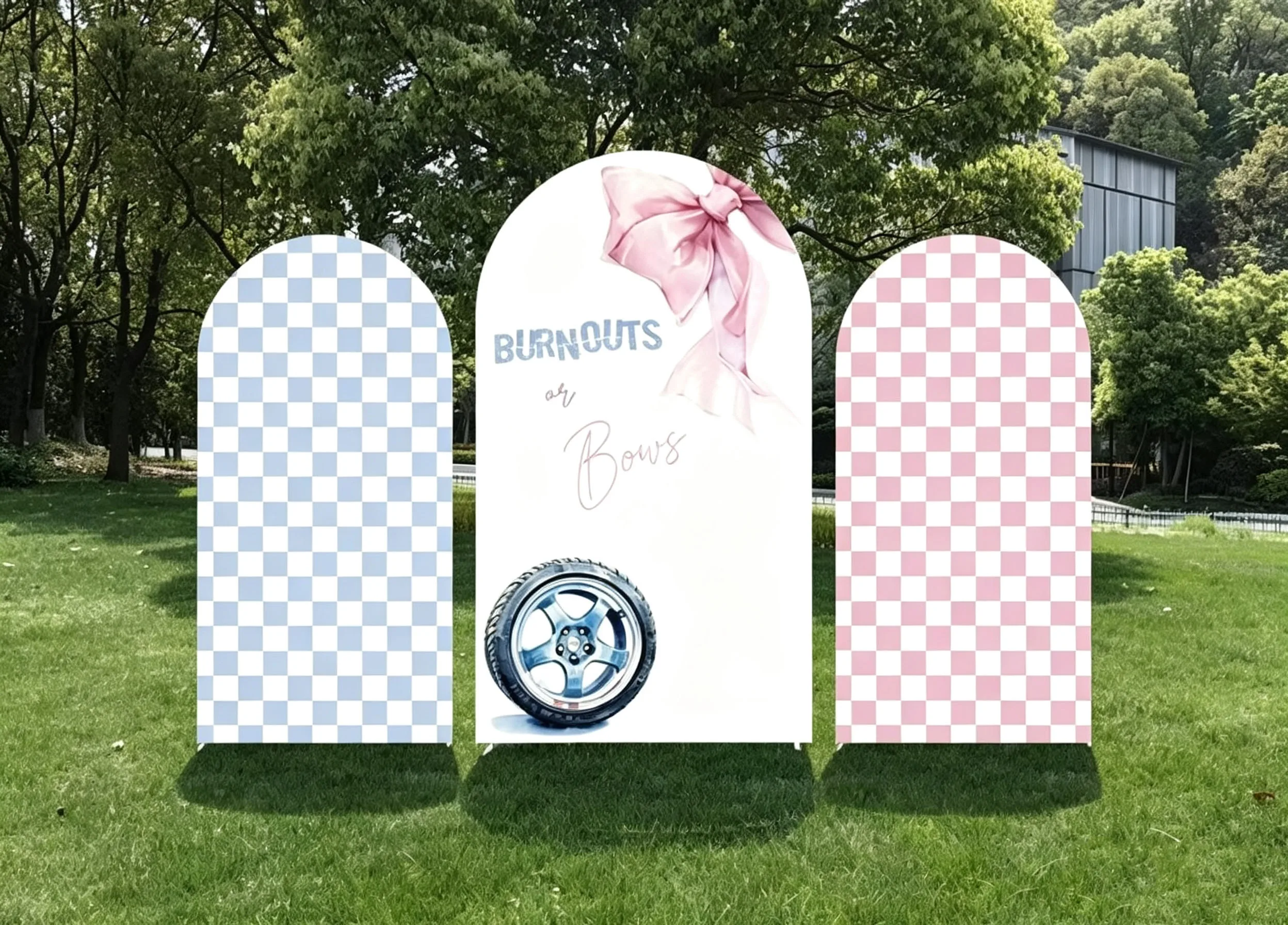 Custom 2-Side Burnouts or Bows Gender Reveal Baby Shower Arch Backdrop Cover Blue Pink Squares Birthday Party Decor Backdrop
