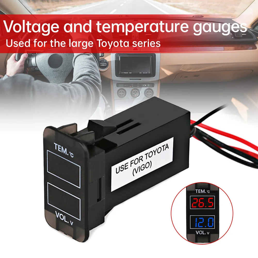 12V/24V LED Digital Voltmeter Gauge Car Thermometer Voltmeter Voltage Dual Display Gauge Temperature Meter Tester Universal