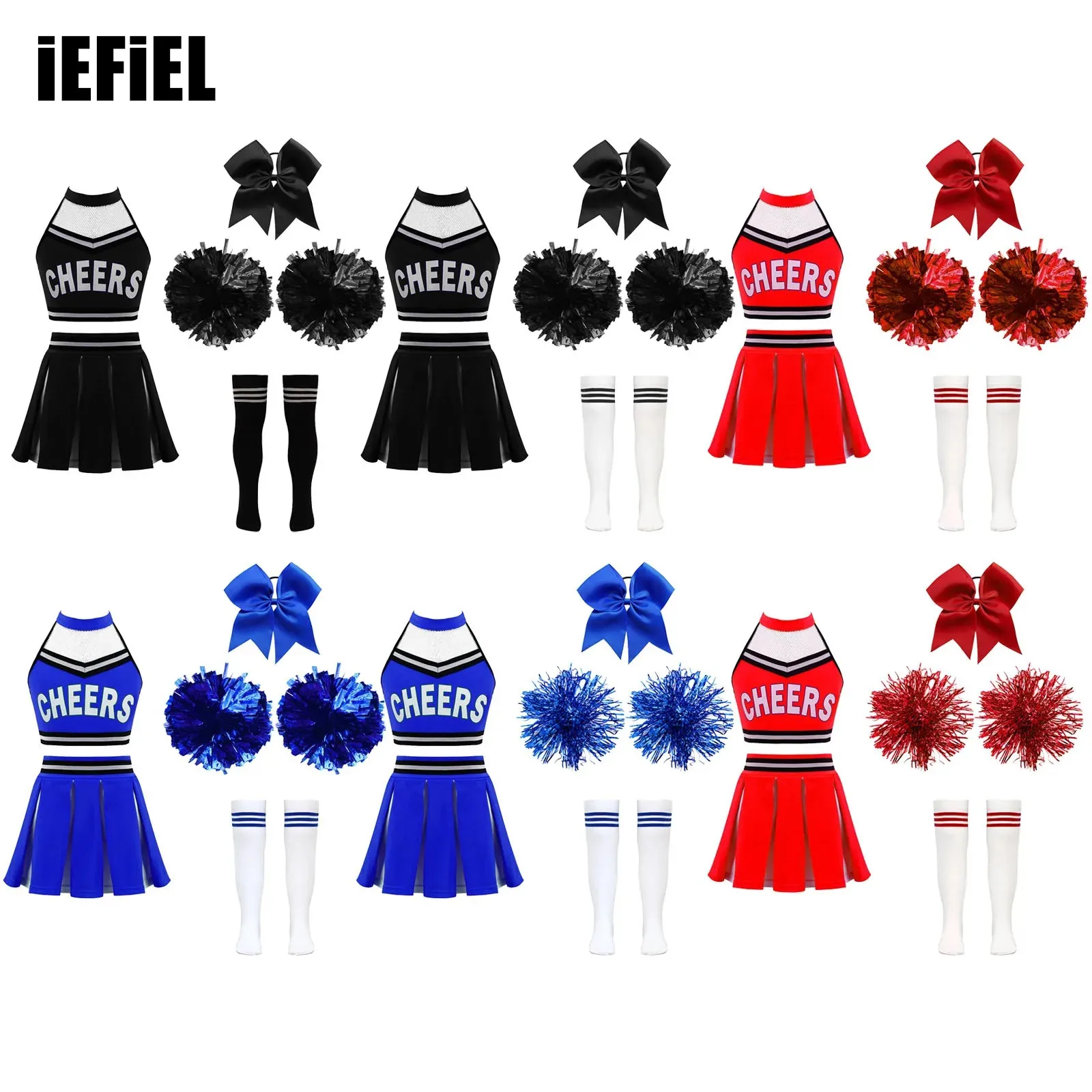 

Kids Girls Cheerleading Outfits Halter Neck Mesh Letter Print Crop Top with Skirt Bowknot Headwear Hand Flowers Striped Socks