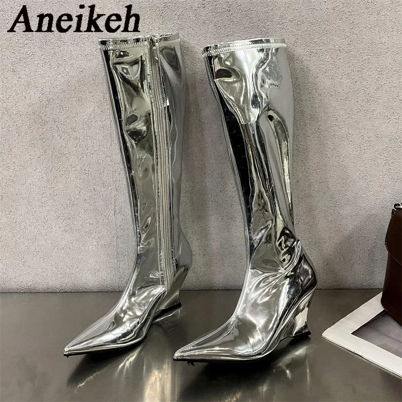 ANKLE 2025 Autumn Winter New Pointed Toe Sloping High-heeled Boots Patent Leather Pleated Pile High-heeled Boots Pumps Shoes