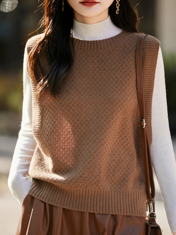 

Pure Wool Knitted Vest Women's round Ne Svel Loose Color Layering Top Commute Sle Autumn New Arrival