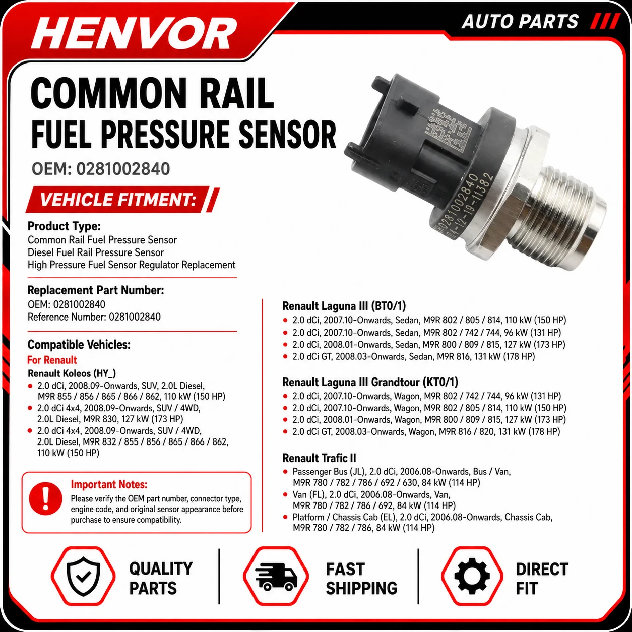 0281002840 Common Rail Fuel Pressure Sensor For Renault Koleos Laguna III Trafic II 2.0 dCi M9R Diesel Engine