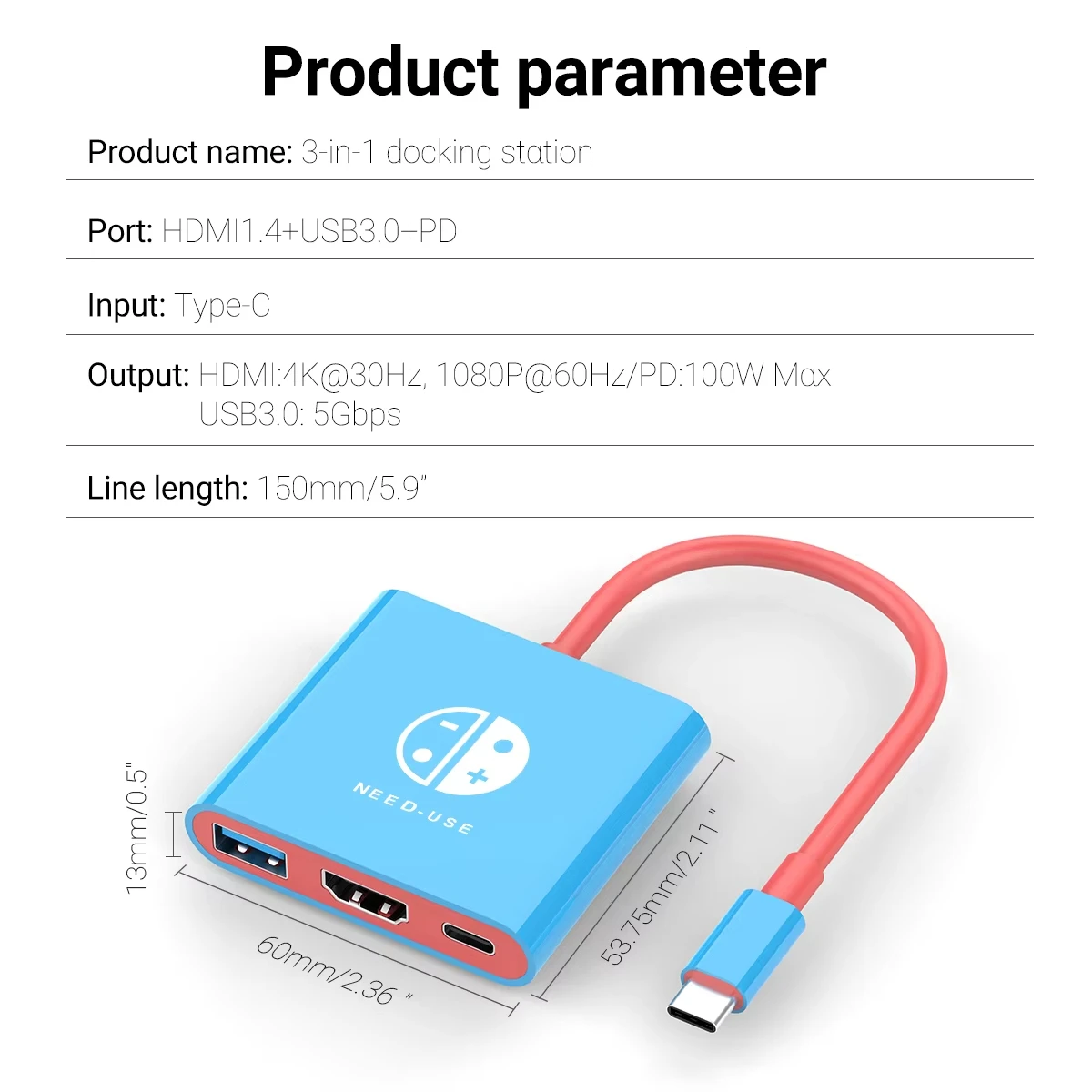 Xiaomi USB C To Hdmi Multiport Adapter 3-In-1 Type-C Hub Thunderbolt 3 To Hdmi 4K Output 100W Pd Port For Nintendo Switch New