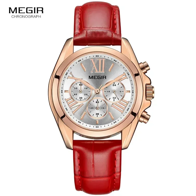 MEGIR Women's Casual Quartz Red Watches Chronograph Leather Strap Business Wristwatch for Lady Relogios Feminiinos Clock 2114