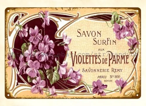 French 1910s Perfume Savon Surfin Aux Violettes de Parme Paris metal tin sign