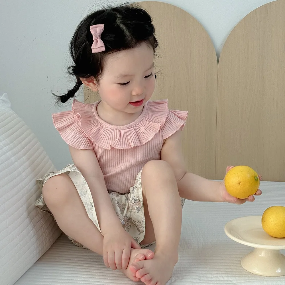 مجموعة الصيف للفتيات الصغيرات: بلوزة برقبة اللوتس المزينة بالأناناس الوردي + بذلة مطبوعة بالأزهار تنورة قصيرة حلوة ولطيفة من قطعتين #3