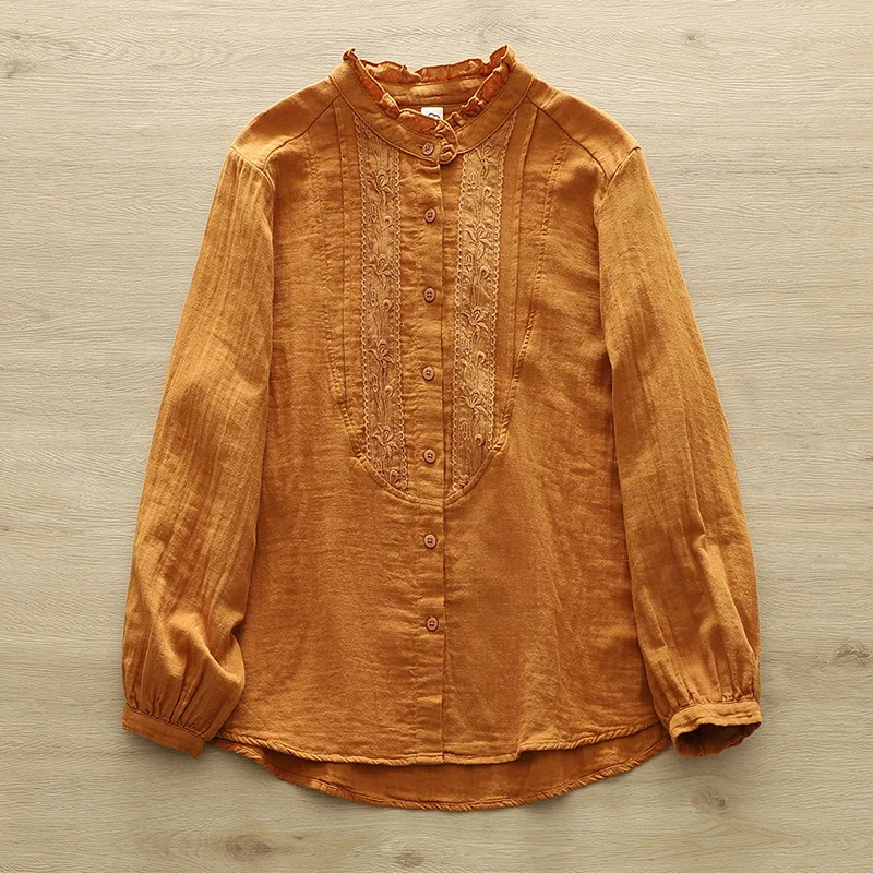 

Spring Autumn New Korean Embroidery Double-layer Shirt Fungus Collar Lace Long-sleeved Loose Cotton Yarn Shirt Female Tops