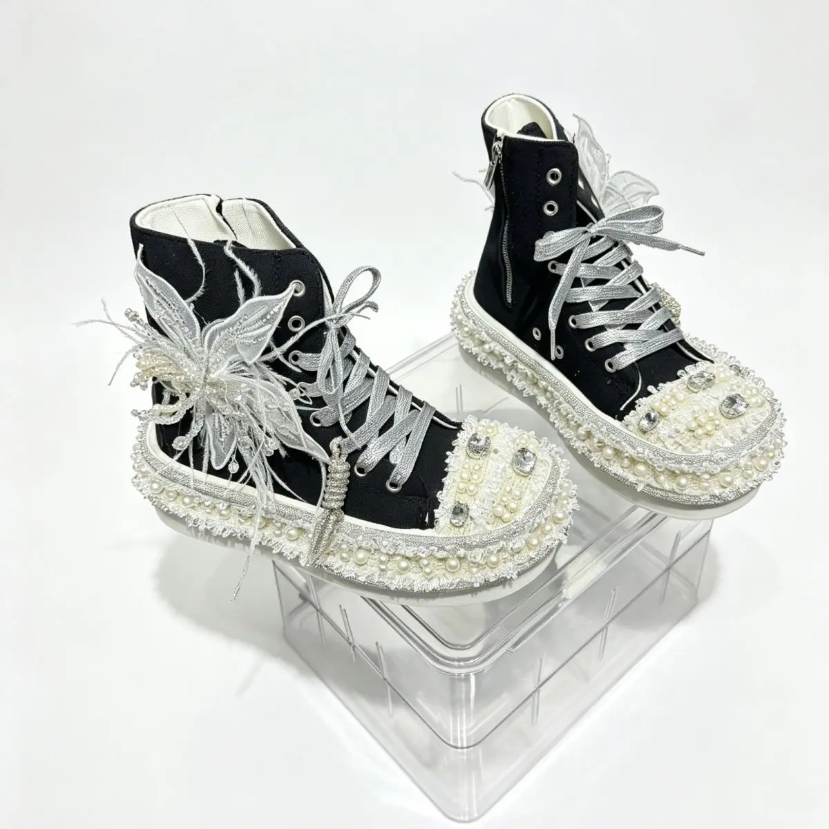 Women Heavy Duty High Top Canvas Shoes 2026 Spring Autumn Thick Sole Casual Sneakers Girls Rhinestone Bling Round Toe Trendy