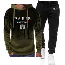 2024 Spring Autumn Men's PARIS Logo Print Hooded Tracksuit Casual Gradient Color Hoodies+Fashion Jogging Sweatpants Cotton Sets