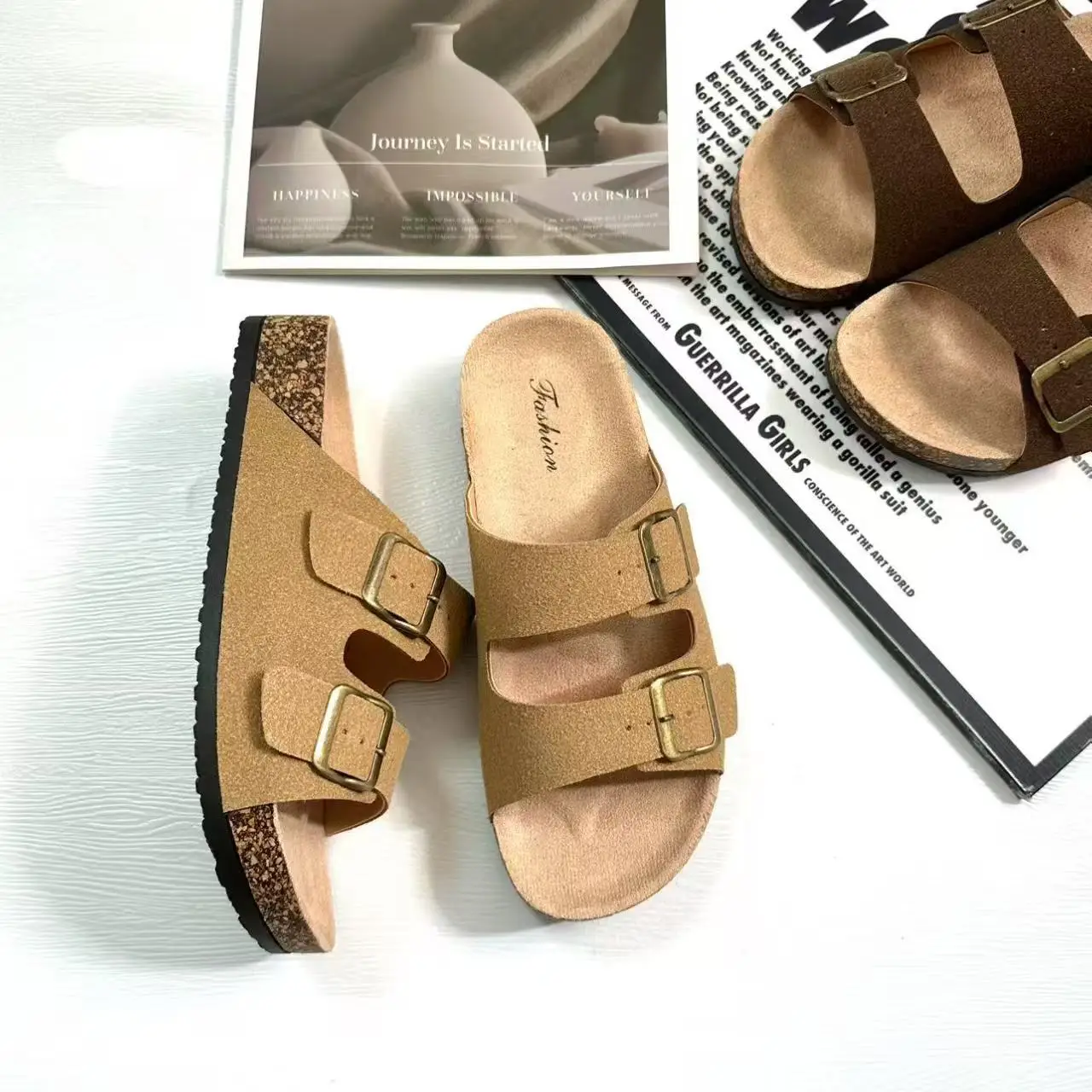 2026 Summer Women Leather Double Strap Sandals Retro Slip On Thick Sole Beach Slides Cork Footbed Platform Shoes Outdoor view 4