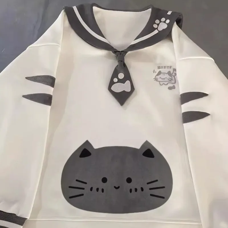 Zhai Moe Sweet and Cute Fleece Navy Neck Sweater Cat Embroidered Long Sleeve Top Women