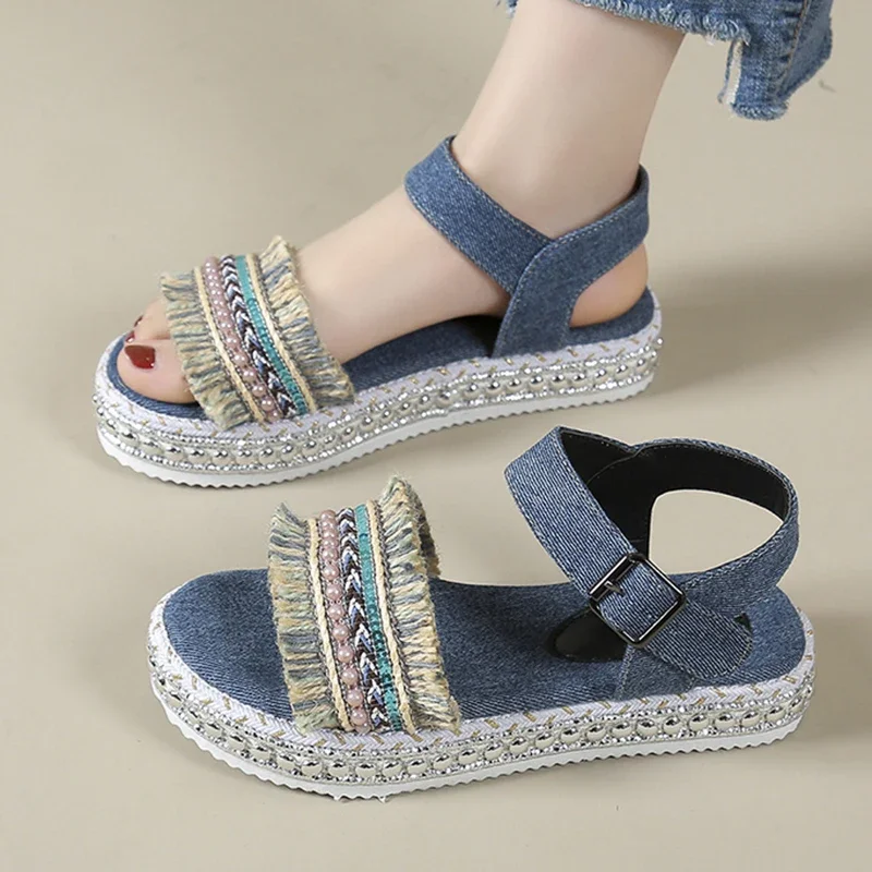 

Women's Sandals Stylish Fringe Design Platform Sandals Summer New Women Shoes Buckle Open Toe Sandal Female Casual Heel Sandals