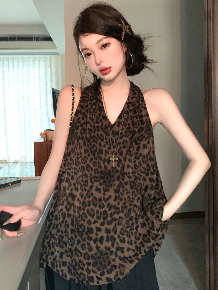 

Retro Leopard Print Neck Hanging V-Neck Vest Women's Summer Spicy Sleeveless Shirt Backless Trendy Top Korean Style Commute Wind