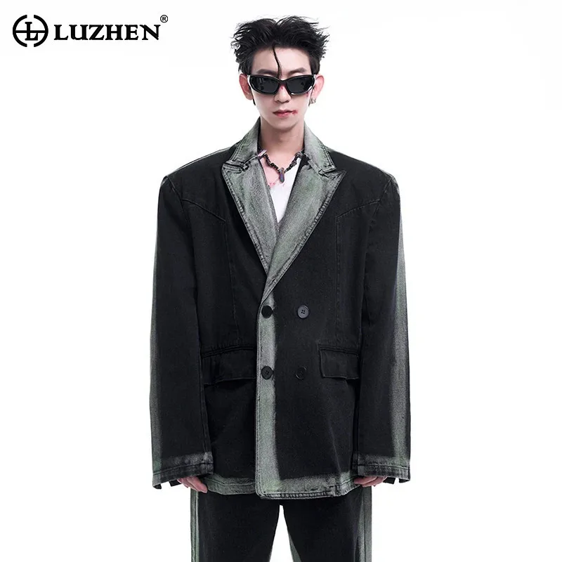 

LUZHEN American Gradient Denim Suit Jacket Men's Autumn Patchwork Color Contrast Design Trendy Retro Outerwear Original LZ5154