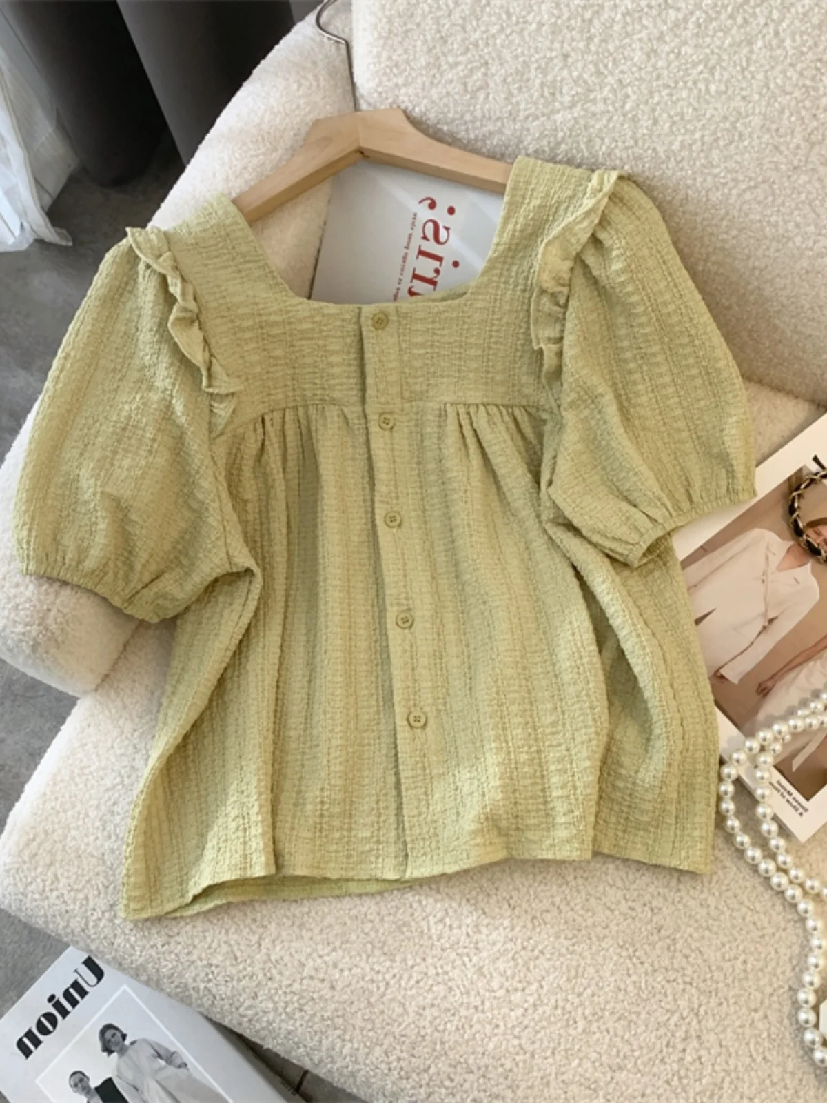 

Short Bubble Sleeve Shirt Women's Square Collar Floral Slimming Korean Style Polyester Fiber Summer Fashion Shirt