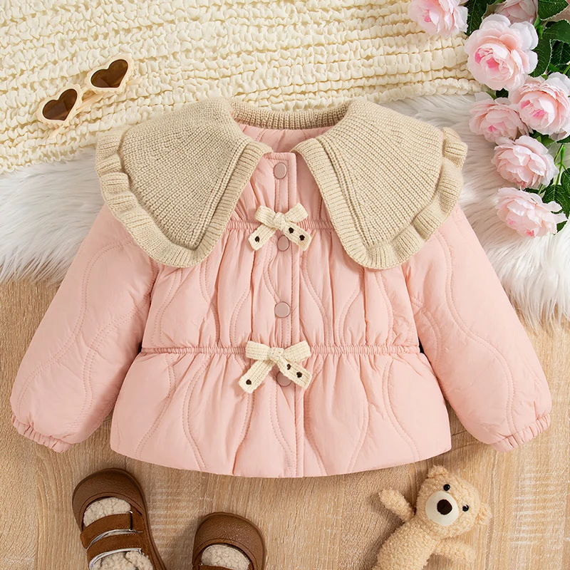 Winter Casual Cute Baby Girl Cotton Coat Girls\' Spliced Large Lapel Bow Solid Color Long Sleeved Cotton Coat