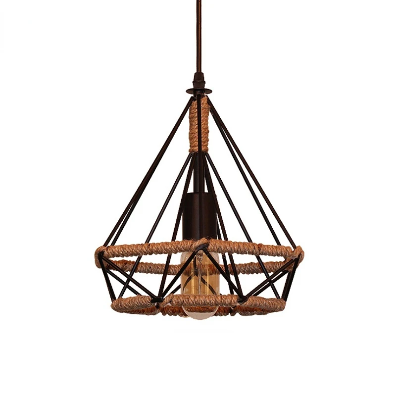 Retro Industrial Chandelier Russian Attic Cage Diamond-shaped Hemp Rope Dining Room Living Kitchen Bedroom Black Rope Lamp