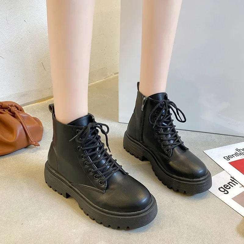 Plus Size 42 43 Women Motorcycle Ankle Boots Wedges Female Lace Up Platforms Black Leather Oxford Shoes Woman 2022 Botas Mujer