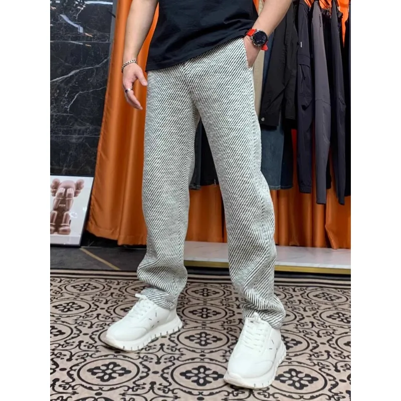 

Мужские осенне-зимние брюки большого размера с широкими штанинами, модные, драпированные, повседневные, прямые, с полосатым узором