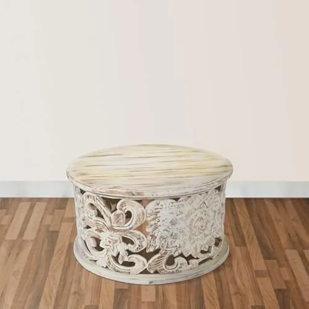 Coffee Table Handmade Mango Wood Flower Carving Hollow Design Worn-out White 33 Inches Living Room Furniture Easy To Maintain