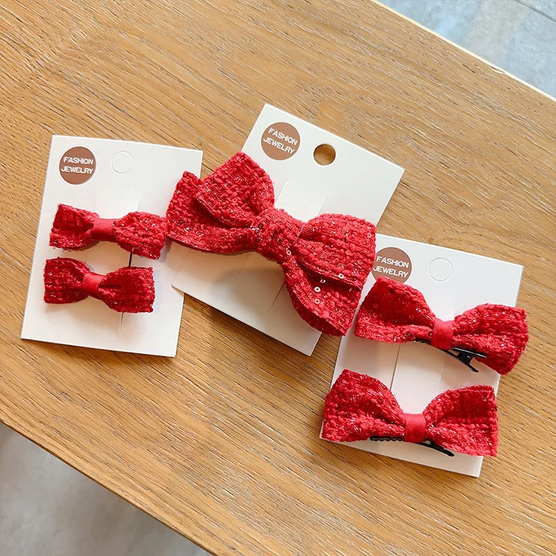 Hair Clips Chinese Style Sequin Wine Red Bow Back Head Festive New Year Non Slip Gentle Grip for Girls Kids Party Travel