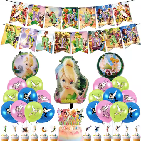 Cartoon Tinker bell Kids Birthday Party Decoration Tableware Elf Little Fairy Paper Plate Cup Tablecloth Balloon Party Supplies