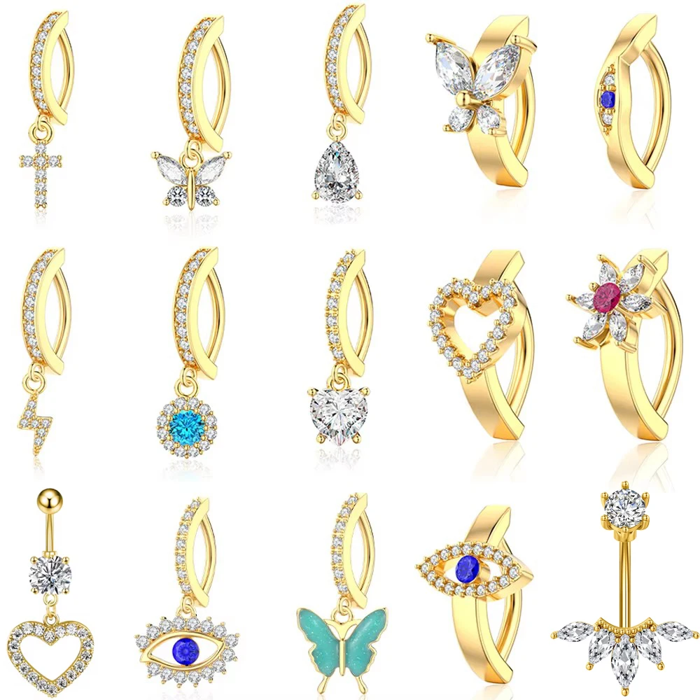 1pcs Gold Color Reverse Barbell Clicker Belly Button Rings Butterfly Heart Flower Cross Crystal Dangle Navel Piercing Rings Gift