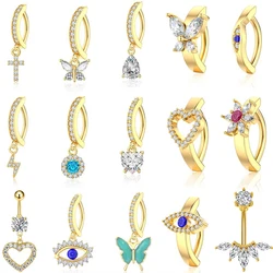 1pcs Gold Color Reverse Barbell Clicker Belly Button Rings Butterfly Heart Flower Cross Crystal Dangle Navel Piercing Rings Gift