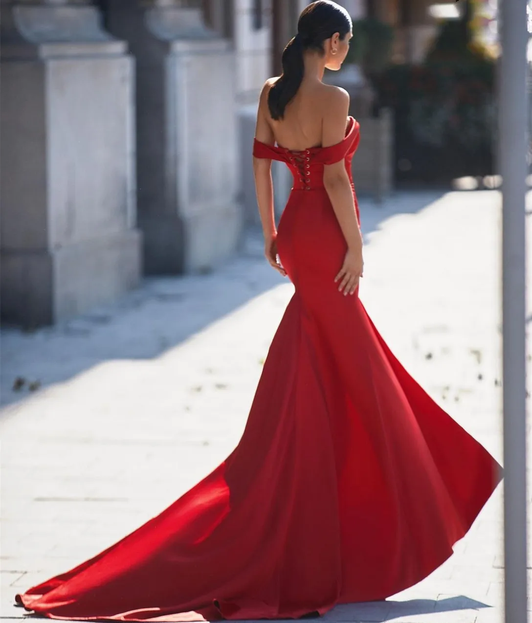 Chic Long Red Satin Prom Dresses with Slit Mermaid Off Shoulder Sweep Train Wedding Guest Dress Formal Evening Dress for Women