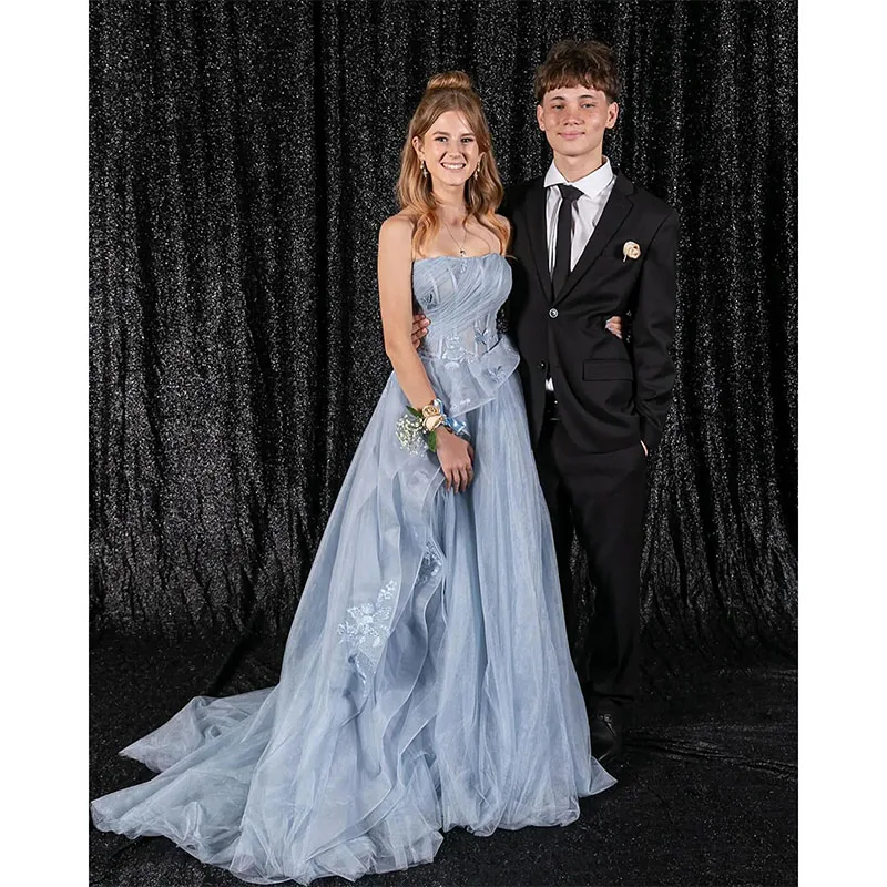 

Blue Strapless A-Line Prom Dress Ruffles Appliques Graduation Party Gown Puffy Tulle Long Females Formal Special Occasion Dress