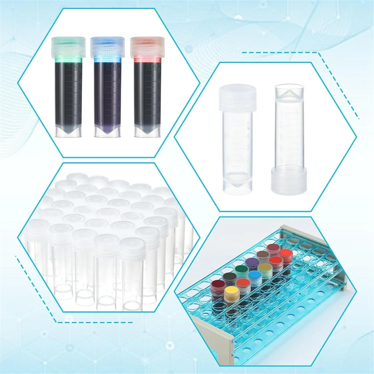 AA25 1 Sets Ink Sample Vial Holder, 50pcs 5ml Vial Storage Container with Test Tube Rack, 2 Curved Tip Syringes and Stickers