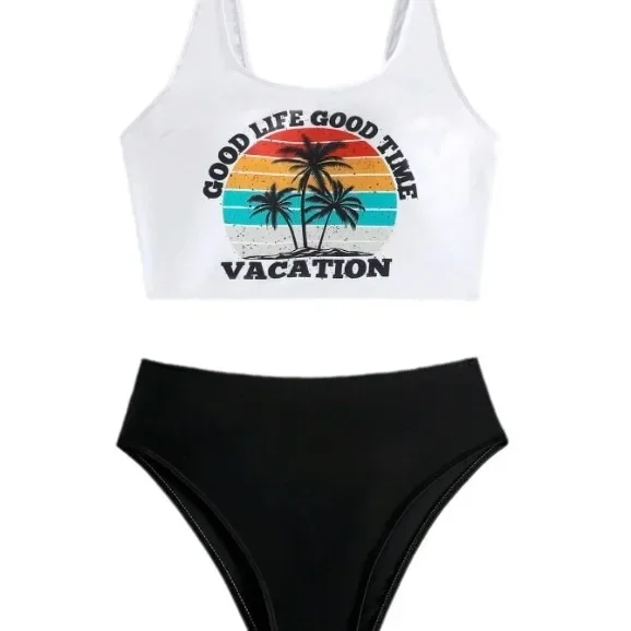 女性の水着ココナッツ巾着サイドプリントタンキニセット夏のビーチウェアかわいい水着ファッション水着 2024 ビキニ