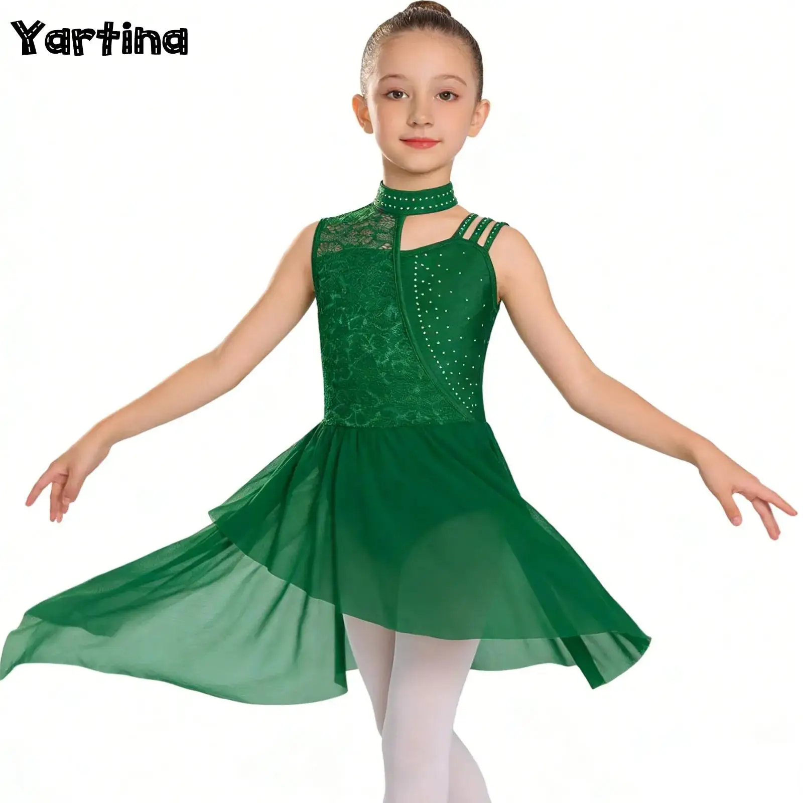 Kids Girls Shiny Rhinestones Ballet Jersey Leotard Dress Gymnastics Artistic Figure Skating Lyrical Dance Performance Costume