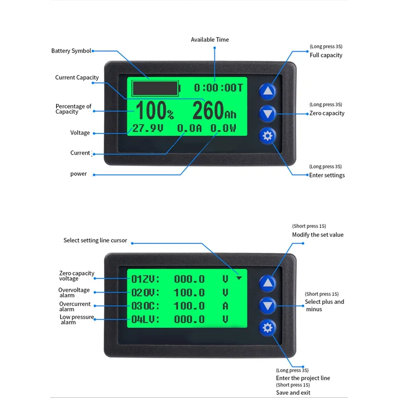 Battery Monitor Hall Coulomb Meter DC 8-100V 100A Lifepo4 Lead-Acid - Lithium Capacity Power Display