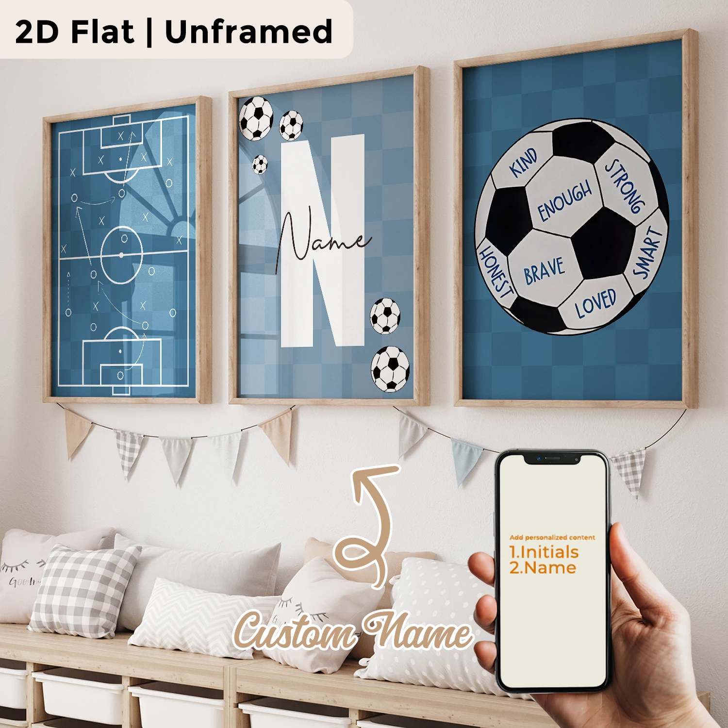 3pcs Personalized Custom Name Blue‑Checkered Soccer Wall Art Print Picture Canvas Poster Painting For Living Room Home Decor