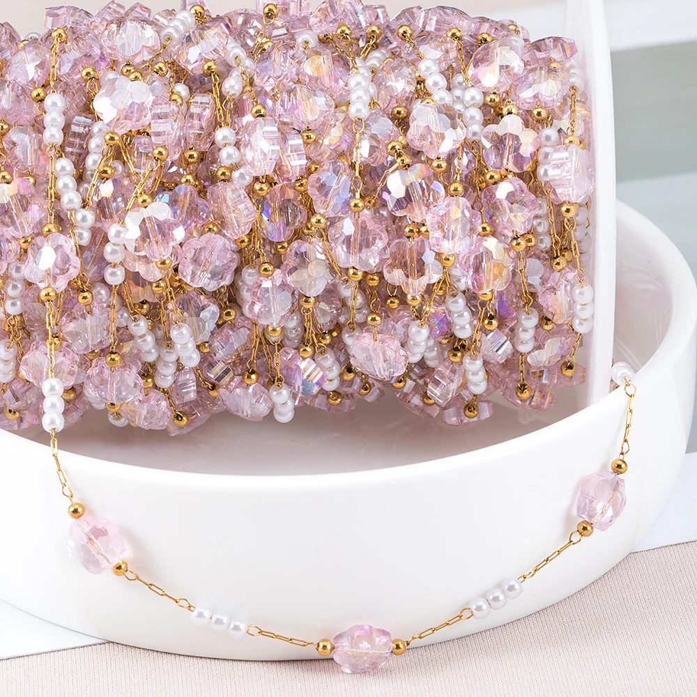 No Fade 1Meter Stainless Steel Crystal Butterfly Pink Flower Beaded Chains for Bracelet Necklace DIY Jewelry Findings Quality