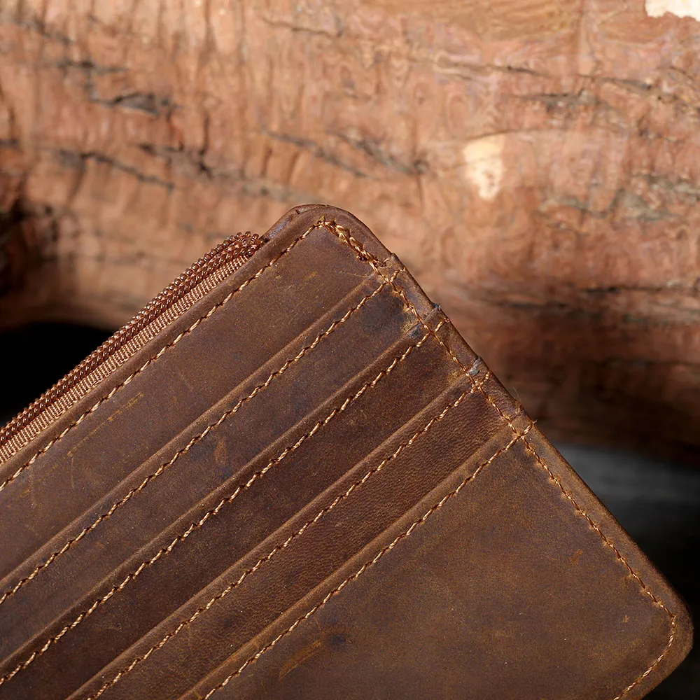 S.WORKER Handgefertigter Vintage-Kartenhalter aus echtem Leder, Vollnarbiges Rindsleder, Kleine Münztasche, Tragbare Tasche – Detail 15